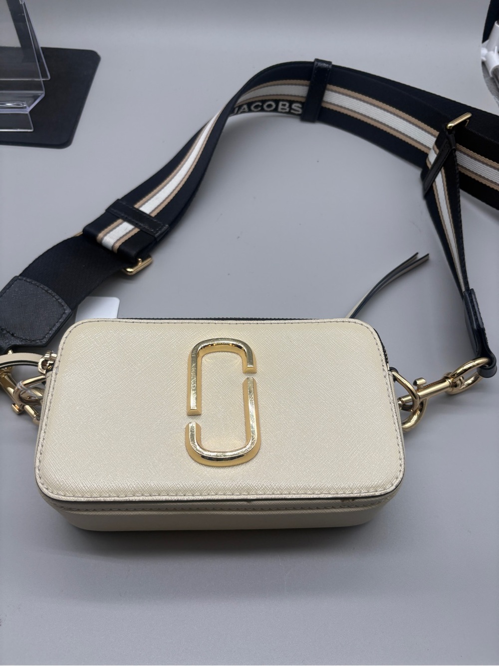 Marc Jacobs Cream Snapshot Crossbody with Striped Strap
